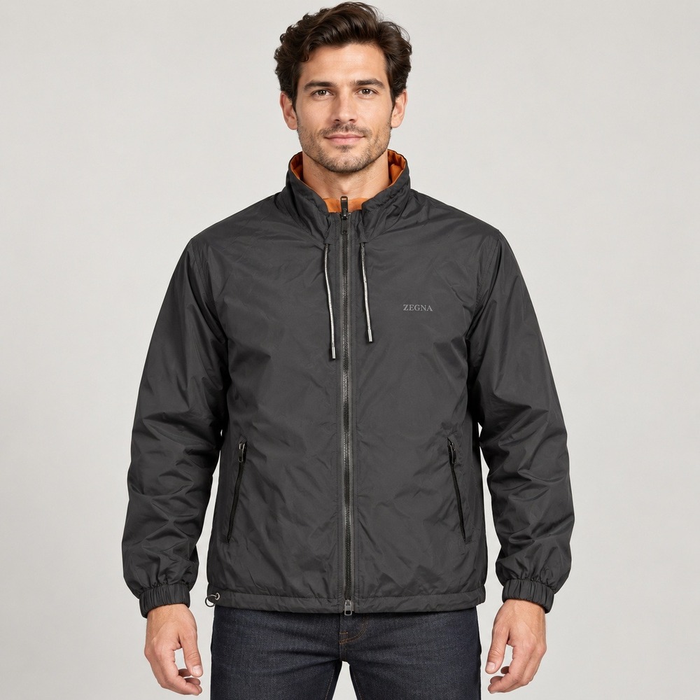 Zegna Reversible Windbreaker Jacket Grey Orange Full Zip Hoodless Mens